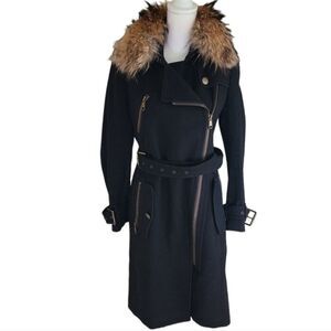 andrew marc wool trench coat with detachable fur collar black womens size 6
